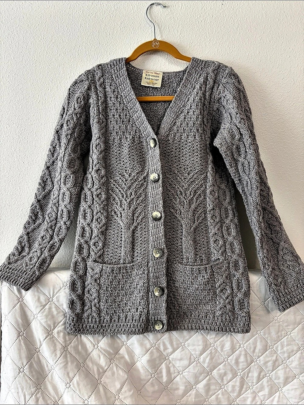 Kilronan Knitwear Tree of Life Merino Wool Cardigan Gray Small